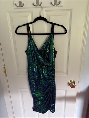Grace Karin Green and Blue Sequin Wrap-Style Midi Dress
